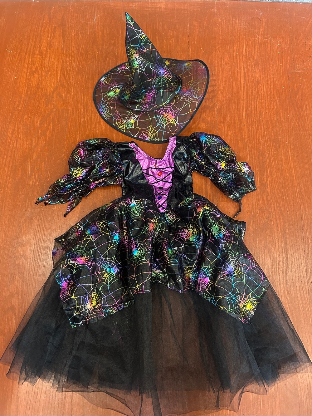 Black Rainbow Spiderweb Witch Costume with Hat for Kids